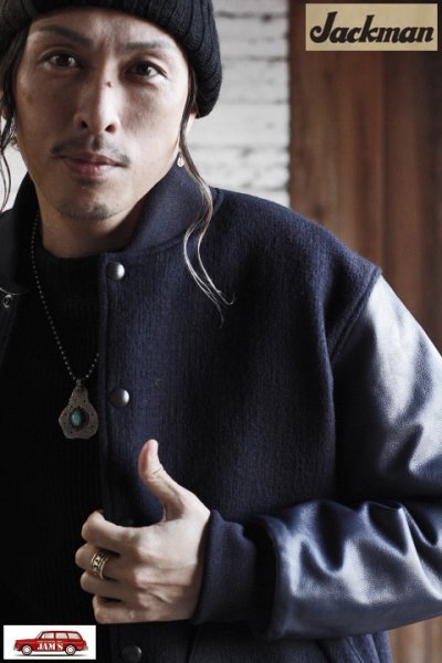 画像1: 「Jackman」Crater Melton Award Jacket ジャックマン クレーター ウールメルトン アワードジャケット 袖レザー スタジャン JM8595「ダークネイビー」